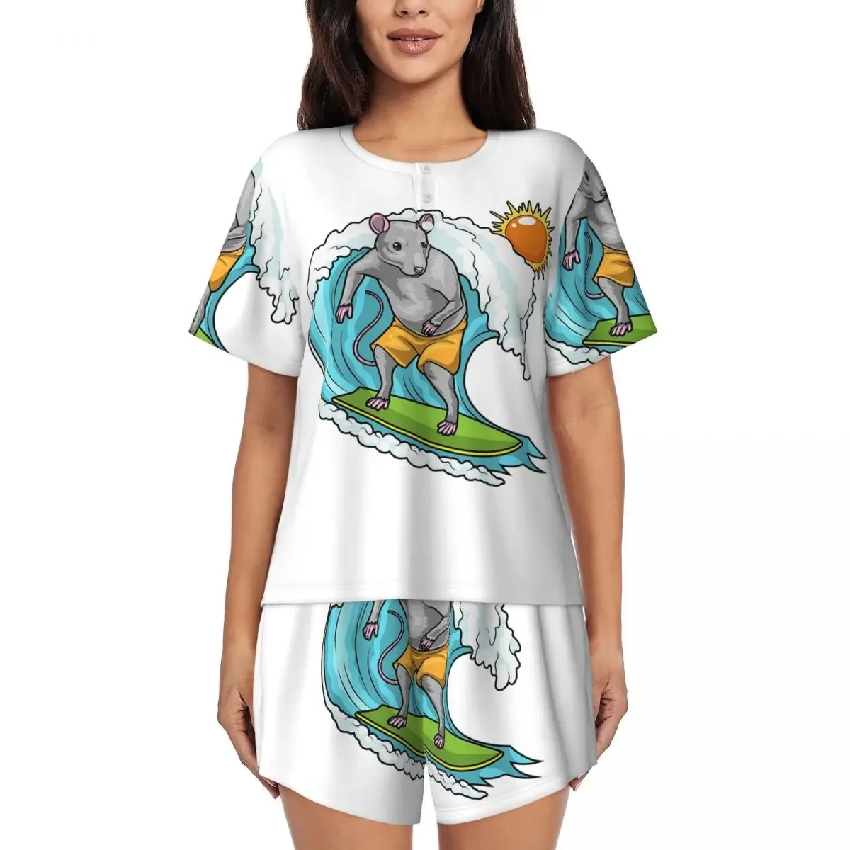 

Rat Summer Surfer Round Neck Short Sleeves Nightdress for Sleeping Sleepshirts Women Loose Pajama Set Short Pants