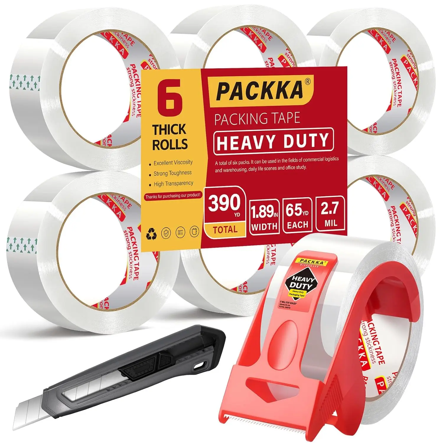 

Heavy Duty Packing Tape, 6 Rolls with Dispenser and Knife, 1.89in x65yd for Moving Boxes