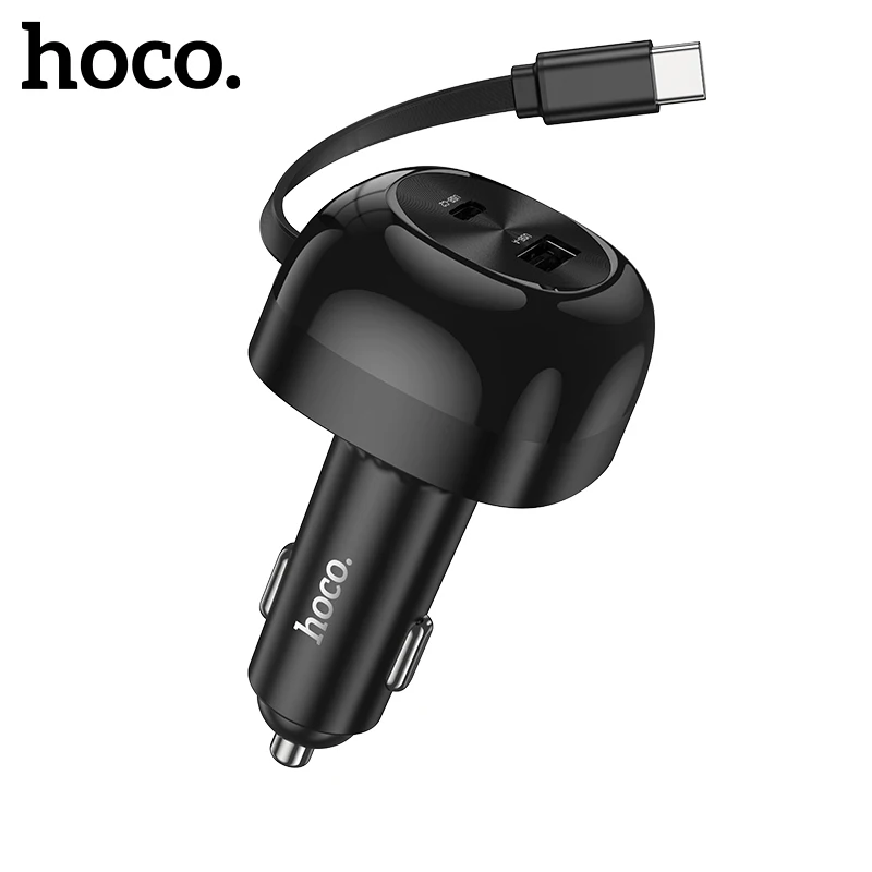 HOCO PD30W Dual USBC Fast Charging Car Charger For iPhone 15/16 Pro Max With Retractable Cable PD QC Adapter For Samsung S23 S24