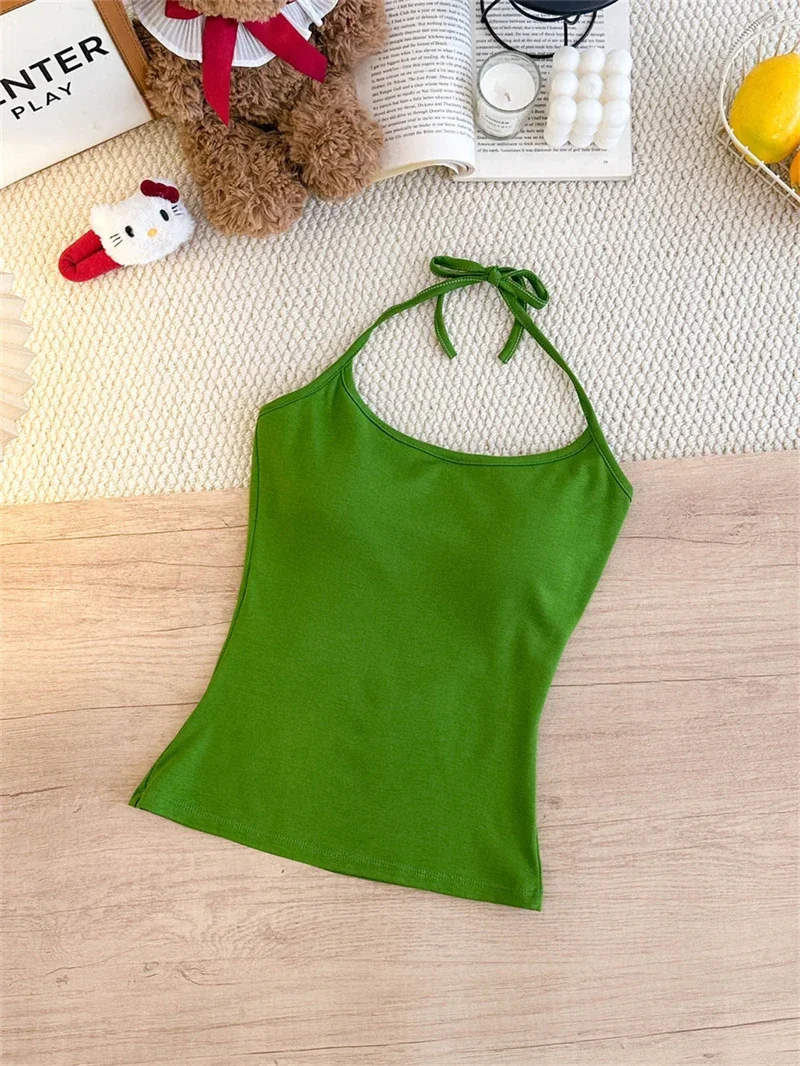 Koreanischer Stil Mehrfarbiges Crop-Top mit Bindeband und integriertem BH-Pad – Sexy, eng anliegendes Tanktop für Damen – Detail 20