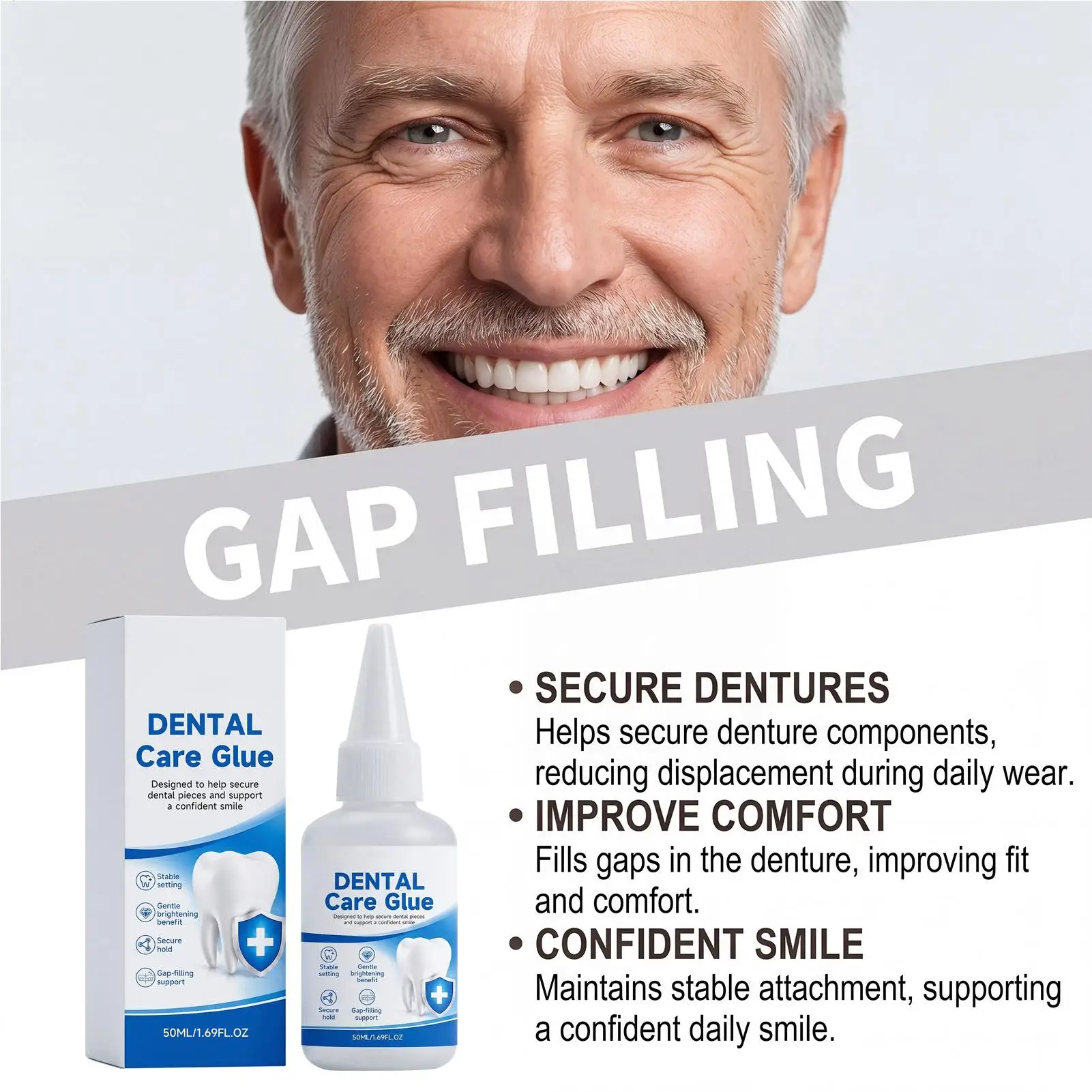 Denture Adhesive Gel for Denture Securing Fills Gaps Improve Fit Comfort Long Lasting Hold Dental Care Glue Hold Denture Care