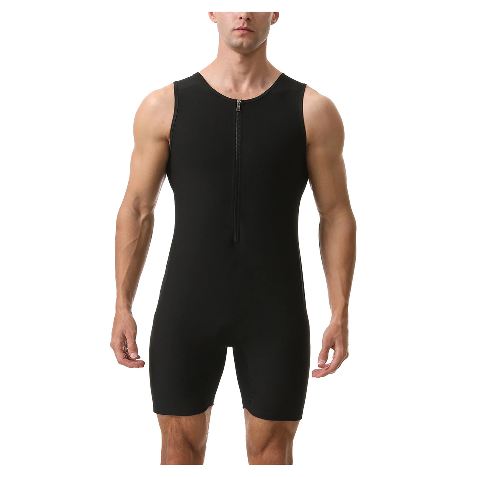Herren Sauna-Kurzanzug, ärmelloser Jumpsuit für Workout, Sport, Fitness, Radfahren, Jogging, mit Reißverschluss vorne, oberschenkellang. – Detail 8