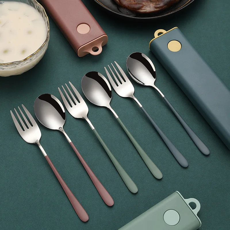 304 stainless steel pull-out portable tableware spoon fork chopstick three piece set, internet famous tableware travel camping f