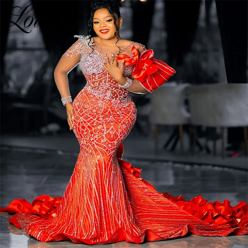 Plus Size Red Mermaid Prom Dresses Beaded Crystals Sequined Evening Party Second Reception Birthday Engagement Celebrity Dresses