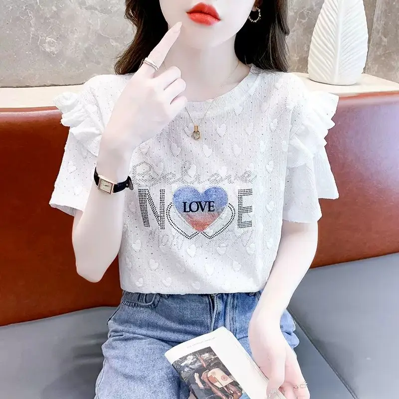 Women\'s Clothing Summer Geometric Short Sleeve Letter Rhinestone Printing Round Neck Ruffles T-shirt Trendy All-match Tops