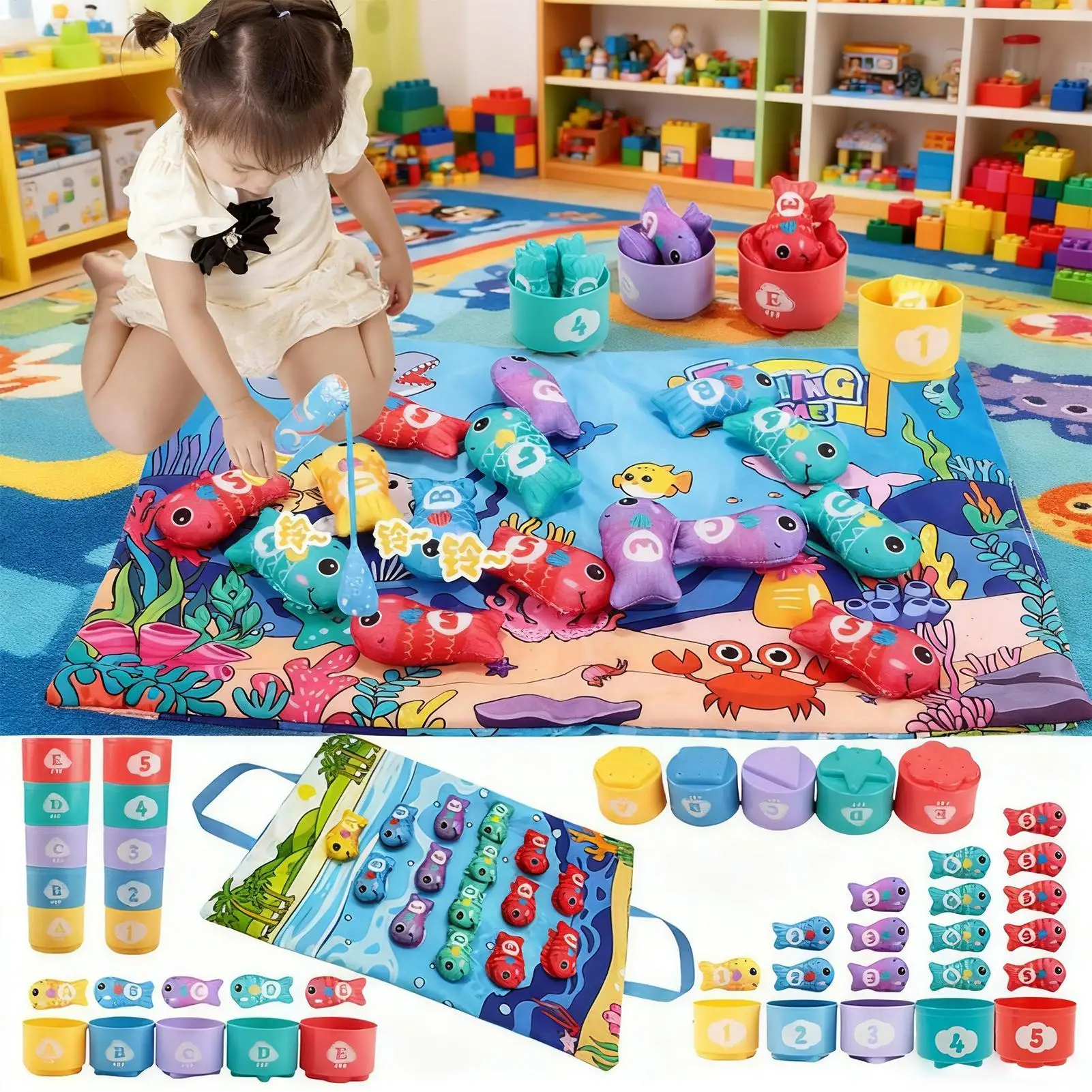 เกมคัดแยกสี ของเล่นคัดแยกสีผ้า ของเล่นนับจำนวน ของเล่นตกปลา กิจกรรมการจำแนกประเภท สำหรับเด็กอายุ 0-36 เดือน เด็กหญิง เด็กชาย