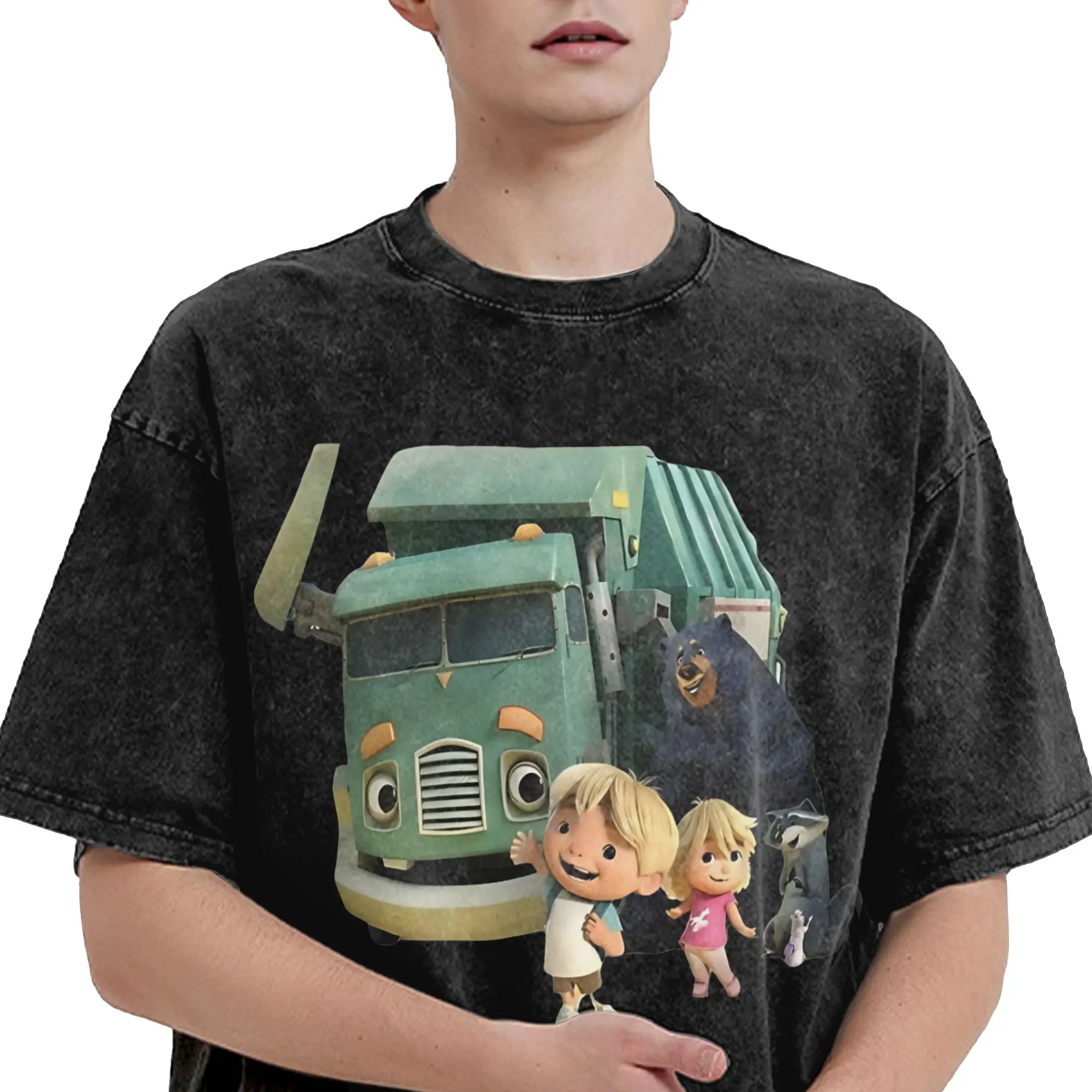Harajuku Washed Shirts Trash Truck anime Apparel Retro T Shirt Oversize  Streetwear Short Sleeve Printed Tops Tees
