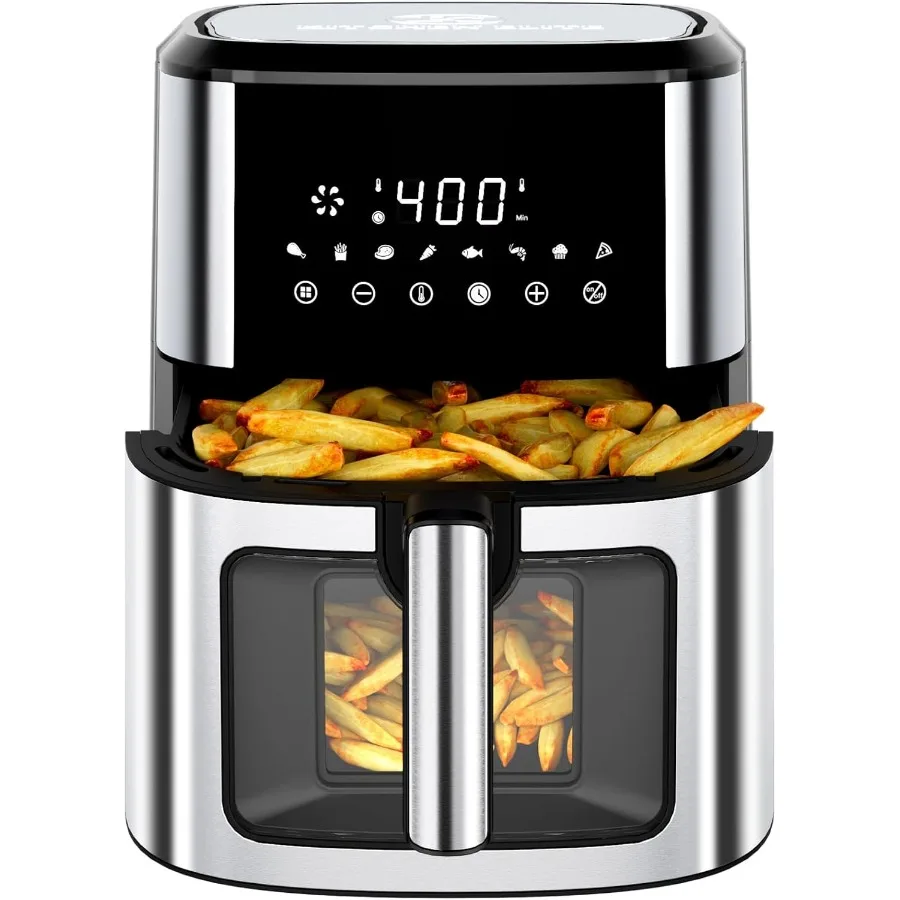Duża frytkownica beztłuszczowa XL 8,5 QT z zewnętrzną powłoką ze stali nierdzewnej i okienkiem, cyfrowe sterowanie 8 w 1 z precyzyjnym ustawianiem temperatury do 400F.