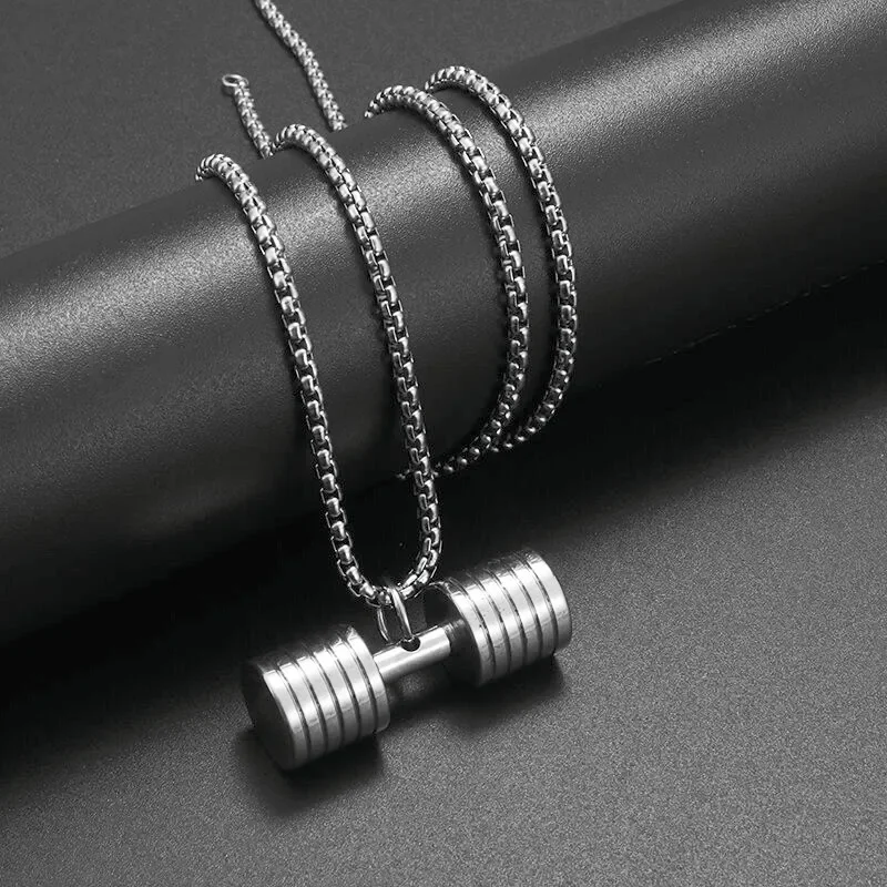 Stainless Steel Dumbbell Barbell Pendant Weightlifting Bodybuilding Gym Equipment Necklace Men Women Gym Sports Jewelry