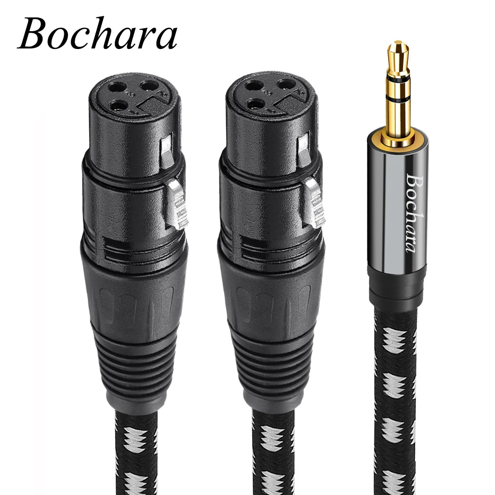 Bochara Braided 1/8\'\' 3.5mm TRS Jack to Dual XLR Female OFC Audio Cable Foil+Braided Shielded For Speakers