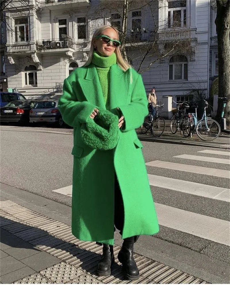 Chaqueta larga de cachemir para mujer, abrigo grueso de lana a la moda, Chaqueta larga hasta el tobillo, ropa de calle hecha a medida, color verde, 1 unidad