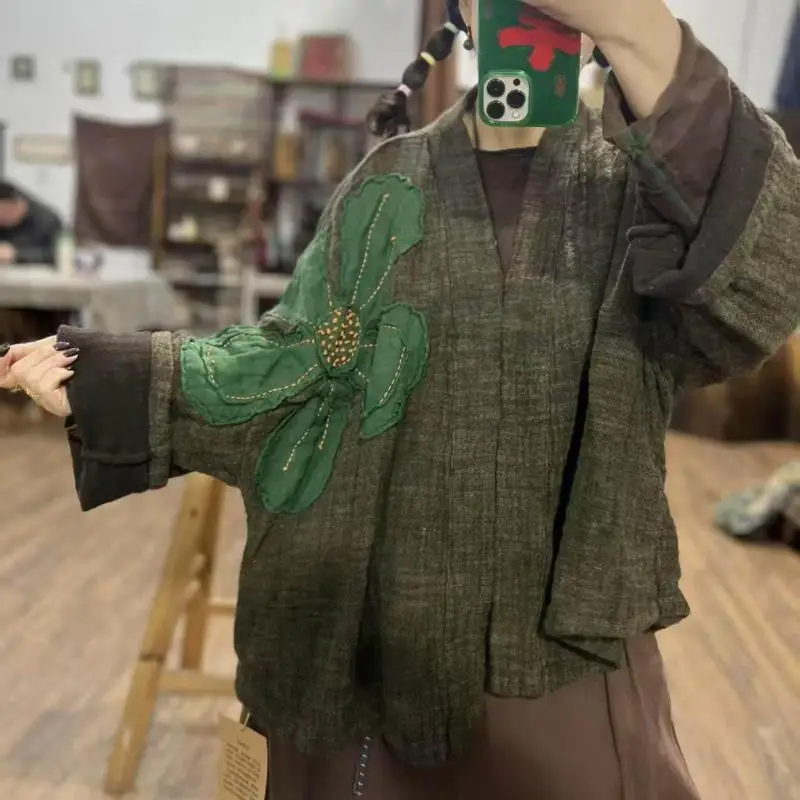 Spring Style Women Batwing Sleeve V-neck Open Stitch Coat Cotton Linen Vintage Floral Patch Designs Loose Jackets Good Quality