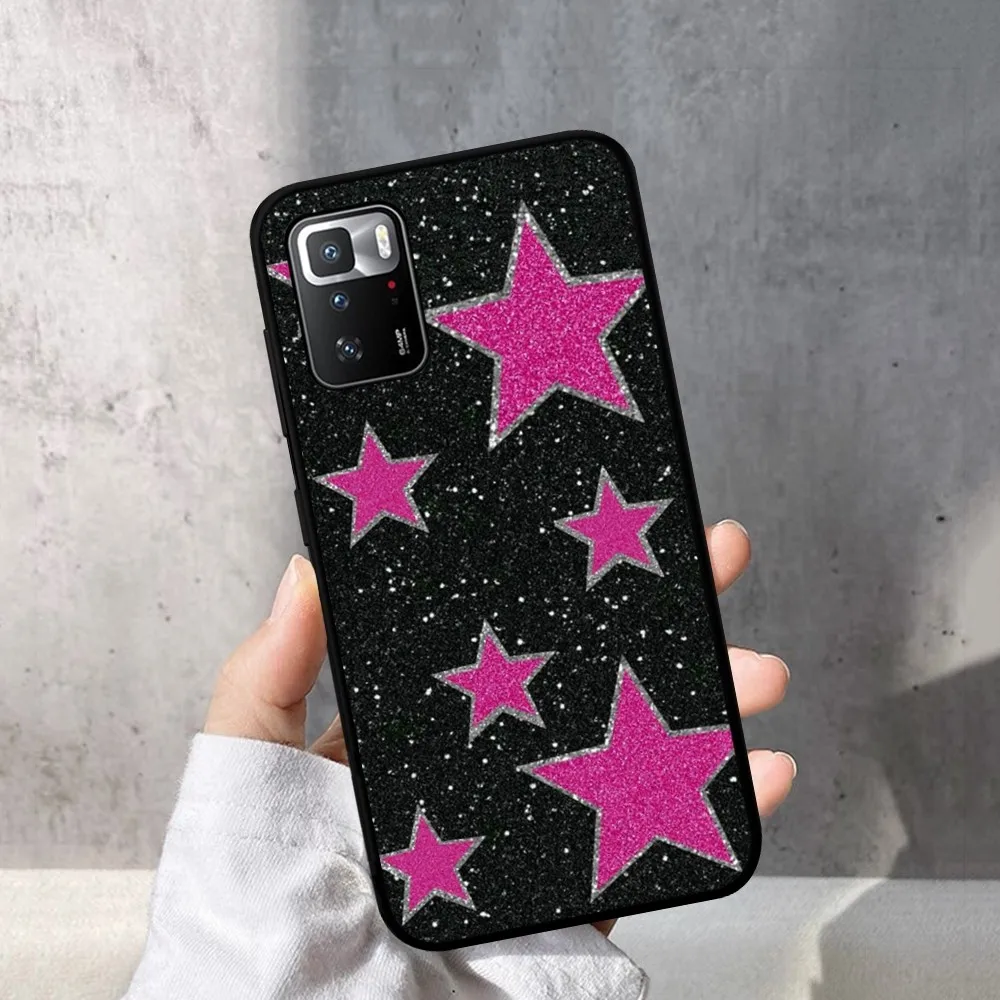 Black 3D Sparkling Pink Star Phone Case For Redmi Note 4 X 5 A 6 7 8 T 9 9S 10 11 11S 11Epro Poco M3 pro