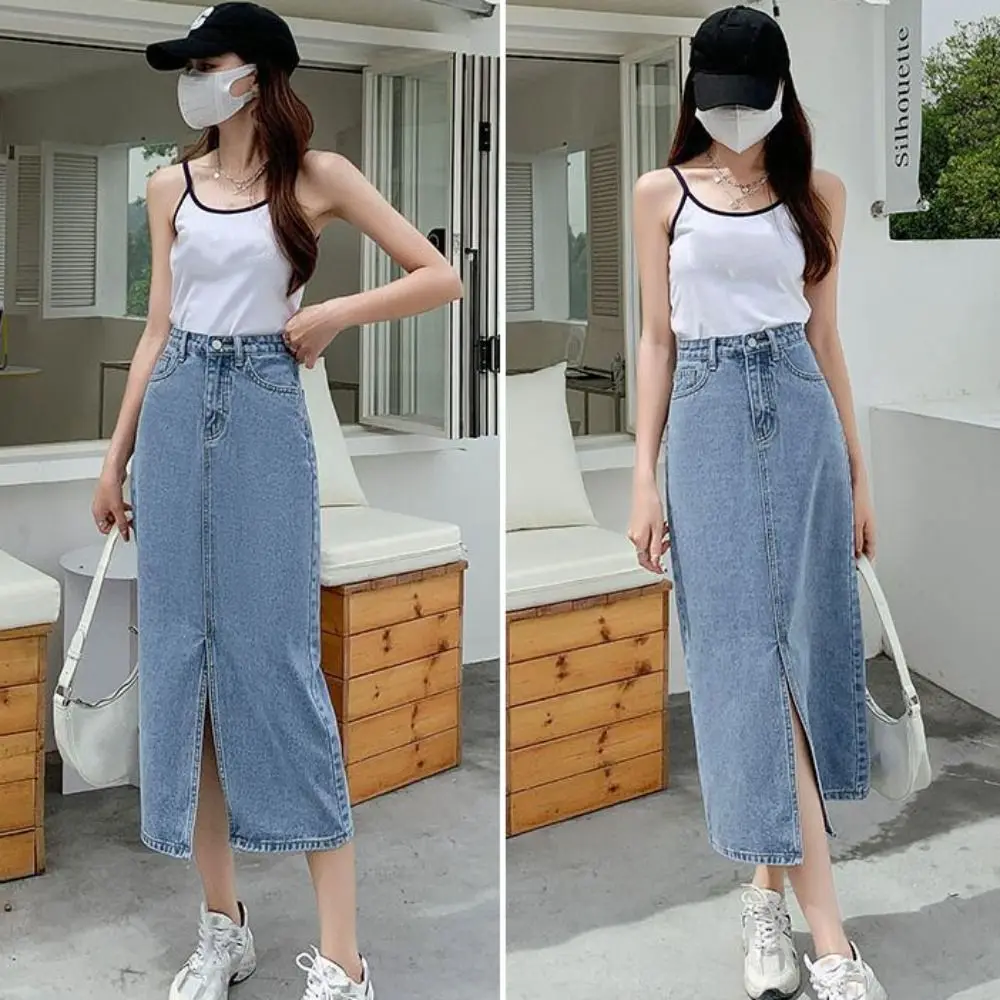 

Simple Split Women's Denim Skirts Elastic Solid Color High Waist A Line Skirt Punk Streetwear Y2k Half Dress Lady