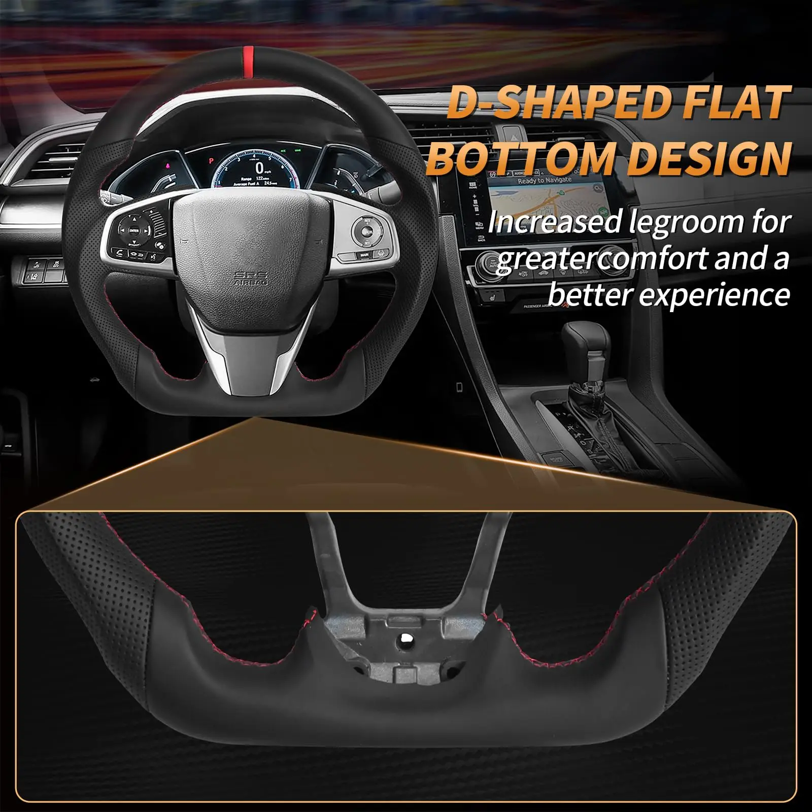 Full Leather Steering Wheel for Honda Civic Gen 10th 2016-2021,Type R FK8 North American Spec, D-shaped Flat-bottom