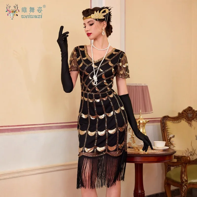 

Elegent Women's Long Fringe Sequin Dress Luxury Evening Party 1920s Stage Perfermance Fancy Costume Wedding Banquet Retro Pretty