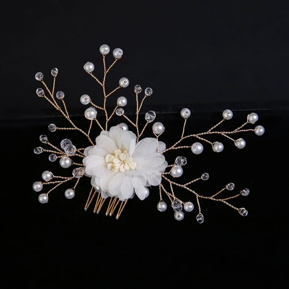 1Pc Bridal Chiffon Flower Hair Comb, Pearl & Crystal Design, Ideal for Wedding & Bridesmaid Hairstyles
