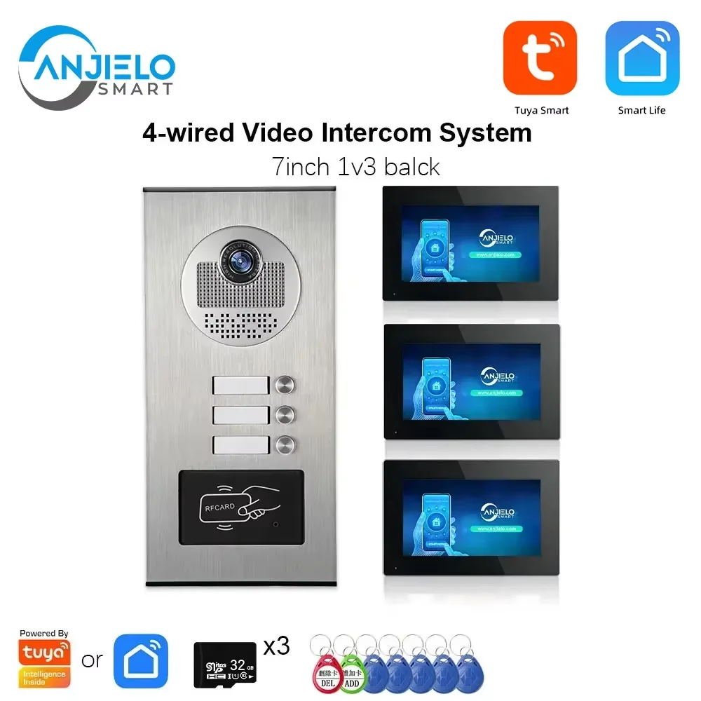 Anjielo 7 polegadas 2/3/4/5/6/8/10/12 unidades multi-unidade campainha sistema de intercomunicação de vídeo 1080P display Tuya campainha de vídeo inteligente