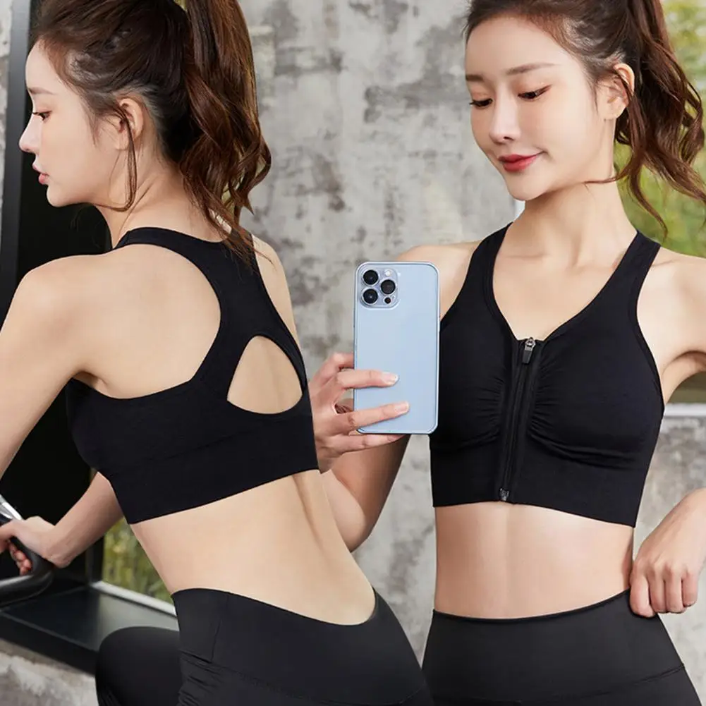 Women Sport Bra Front Zipper Sports Bra for Women Shockproof Gathered Yoga Running with Beautiful Back Hollow Design Solid Color