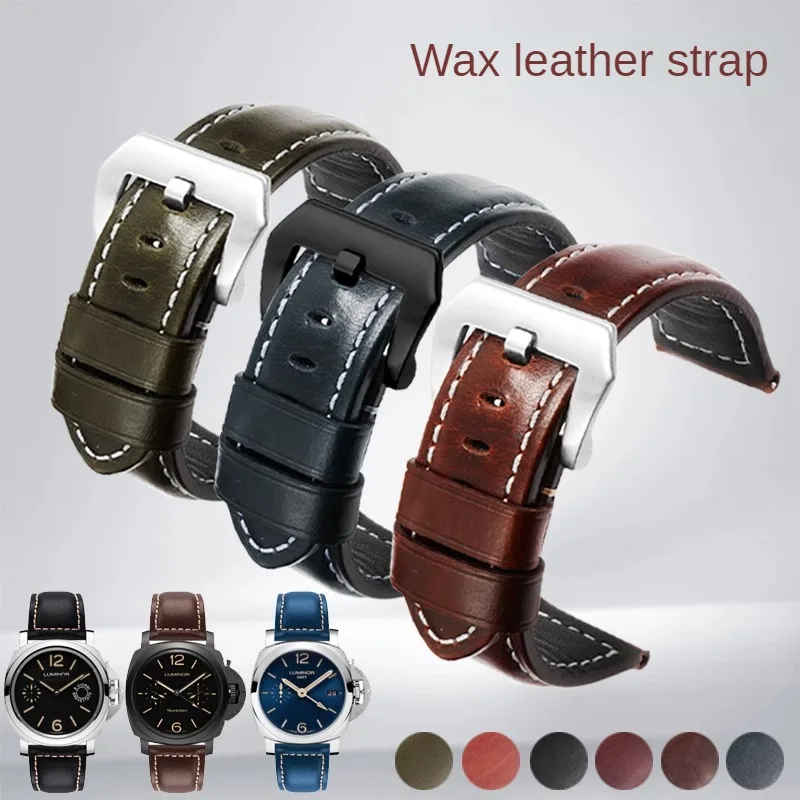 Universal Genuine Leather Watch Band of Various Brands 20/22/24/26mm Flat Interface Oil Wax Cowhide Leather Watch Strap