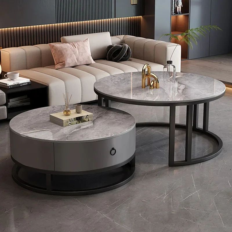 Waterproof Round Coffee Tables Modern Storage Low Marble Mobile Table White Minimalist Floor