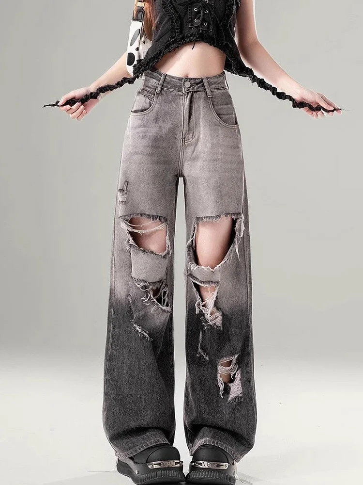 

Streetwear Y2K Hole Jeans Women Vintage Gradient High Waist American Denim Pants Loose Retro Gothic Female Harajuku Trousers New