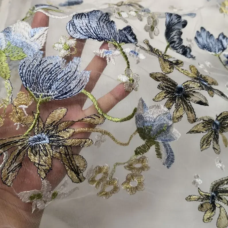 4 colors Blue flower lace fabric flower embroidery soft tulle fabric for wedding lace bridal lace dress fabric 1 yards