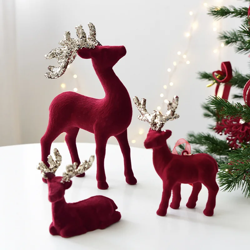 Christmas Elk Ornament Xmas Tree Hanging Pendant Glitter Wine Red Flocking Deer for Christmas Party Home Decoration Ornaments