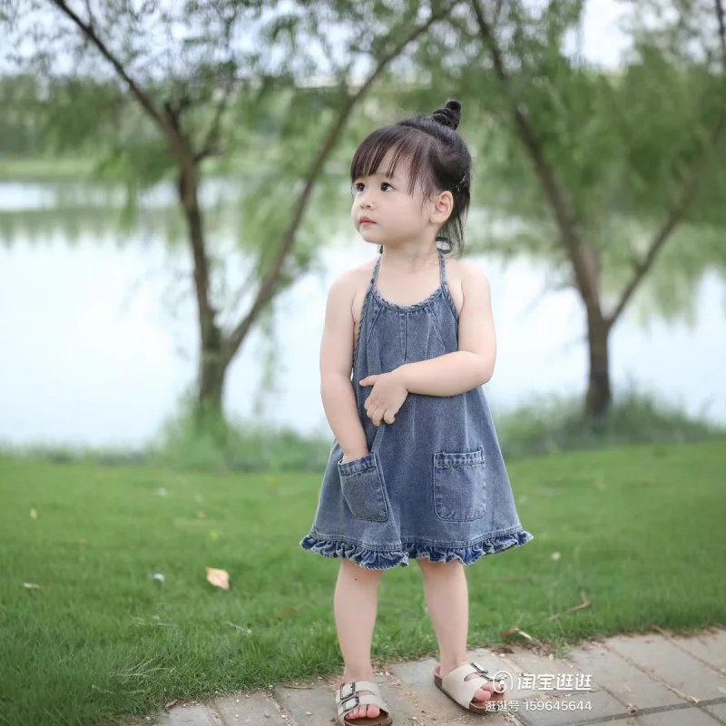 Korean Girls' Denim Dress2025Summer New Stylish Fashion Lace-Up Halter Slip Dress