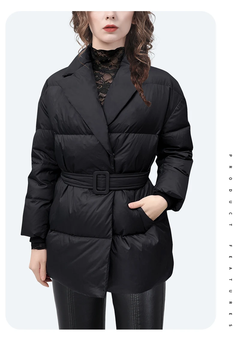 2022 Winter Warm Thicken Women\' Black Down Jacket Mid-Length Turn-down Collar Belt Design Loose Casual Bread Coat Trench Jackets