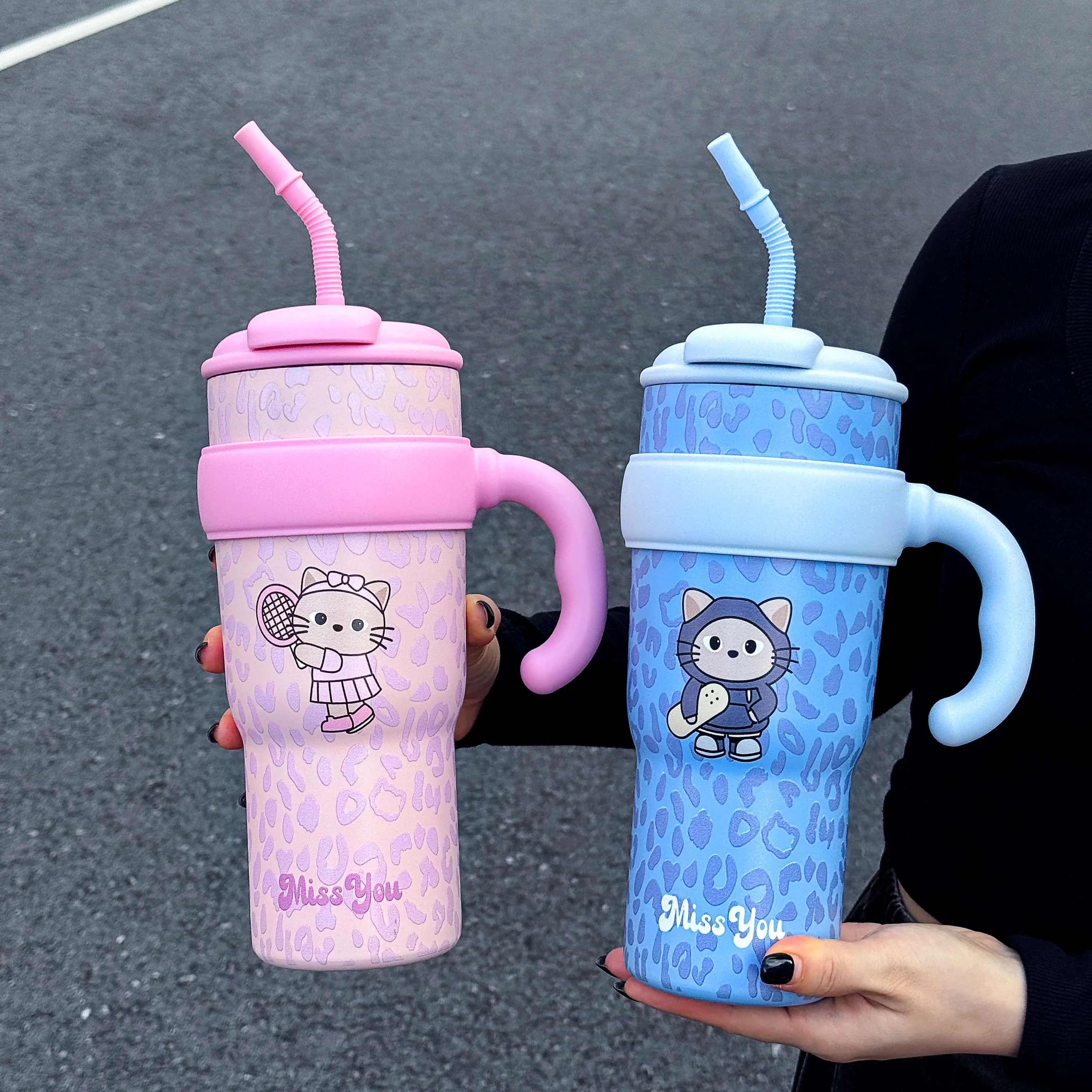 1pc Leopard Print Cat Insulated Tumbler, 1100ml Large-Capacity Stainless Steel Car Vacuum Cooler Cup, with Tea Strainer, Handle