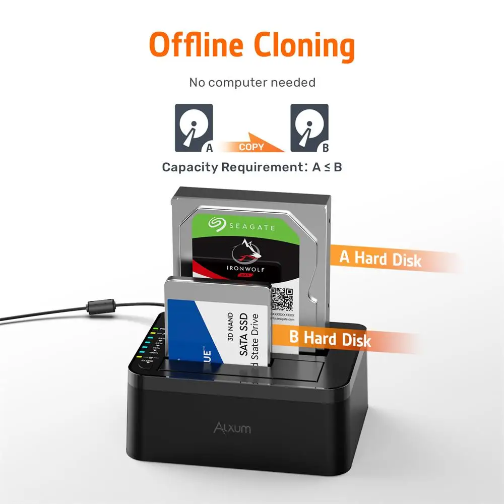 ALXUM Dual-Bay Cứng Đế Cắm Cho 2.5/3.5 Inch HDD SSD SATA To USB C 3.0 Ổ Cắm HDD HDD Hỗ Trợ Offline Clone