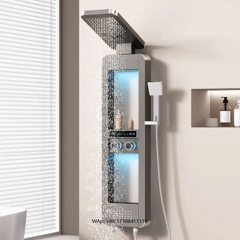 Shower Panel with Tower System Brushed Finish Rainfall Shower Head Brass Pressurized Bathroom Faucet with Digital Display