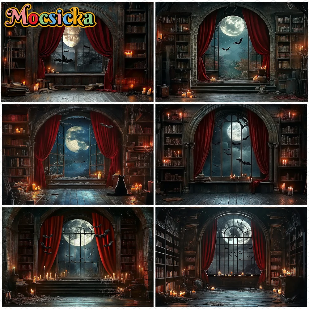 

Mocsicka Halloween Backdrop Bookstore Night Moon Bat Window Indoor Candles Decorations Children Photo Black Background Photocall