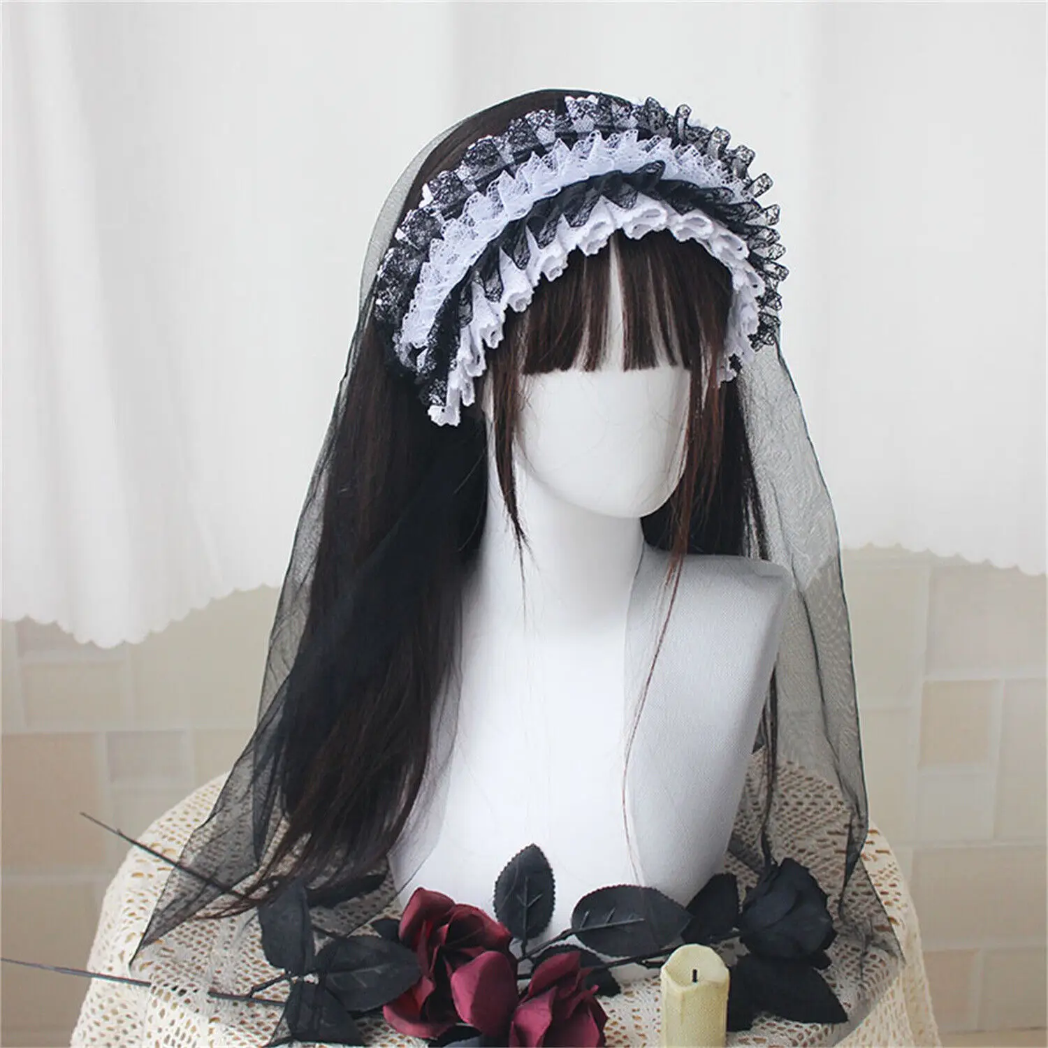 Gothic Lolita Zwarte Sluier Hoofddeksel Nun Cosplay Kostuum Accessoires Vrouwen Meisje Halloween Carnaval Party Rollenspel Hoofddoek