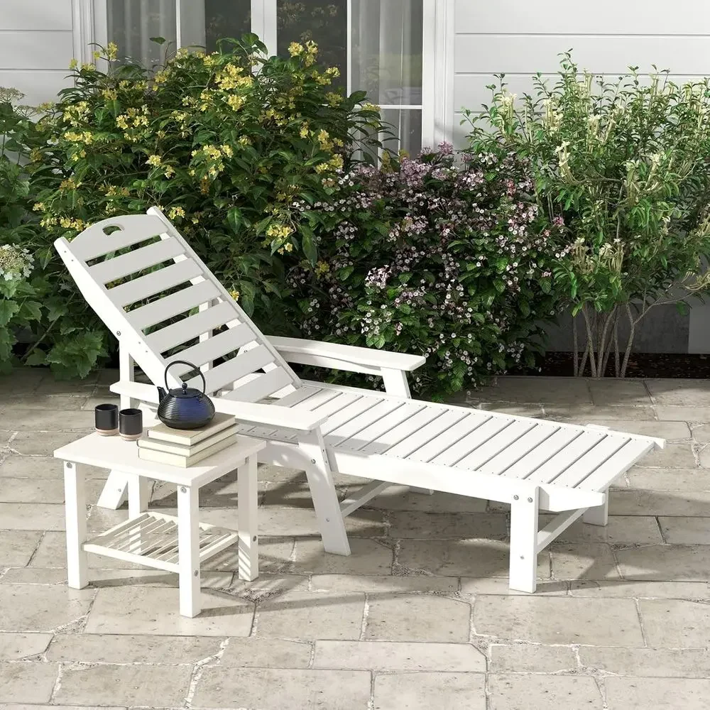 Oversized Outdoor Chaise Lounge with 4-Position Backrest, Rotating Cup Holder, Weather-Resistant HDPE for Patio, Garden, Deck, a