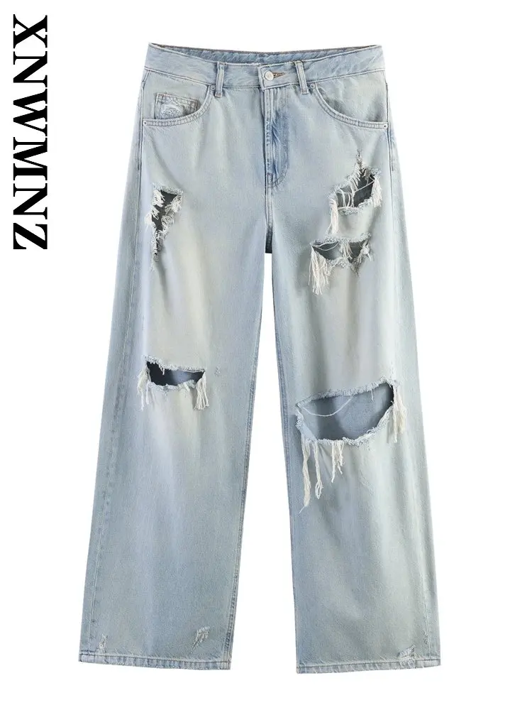 

XNWMNZ 2026 Summer New Woman Party Chic Button Hole Denim Jeans Fashion Simple Lady club Thin Loose Fit Long Pants