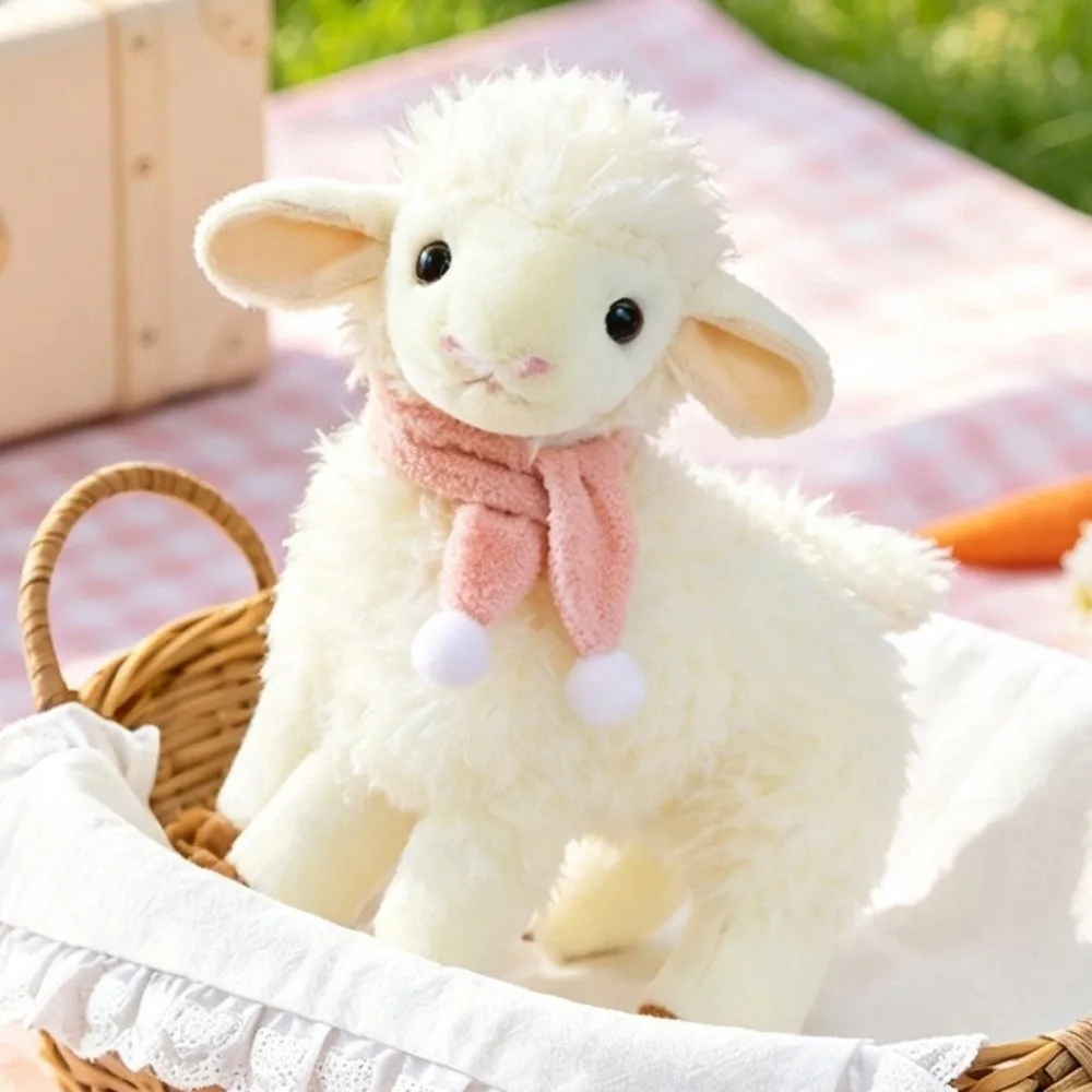 26cm 31cm Standing Sheep Plush Toy Pink Scarf White Pompom White Lamb Stuffed Doll Standing Design Soft Curly Fur