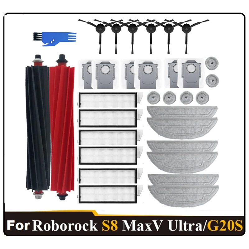 

33PCS For Roborock S8 Maxv Ultra G20s Robot Vacuum Parts Main Side Brushes Mop Cloths HEPA Filters Dust Bags Accessories