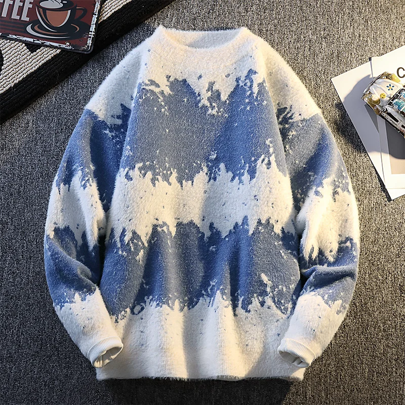 

Color-blocked versatile knitted sweater retro pattern men's pullover round neck long-sleeved casual top
