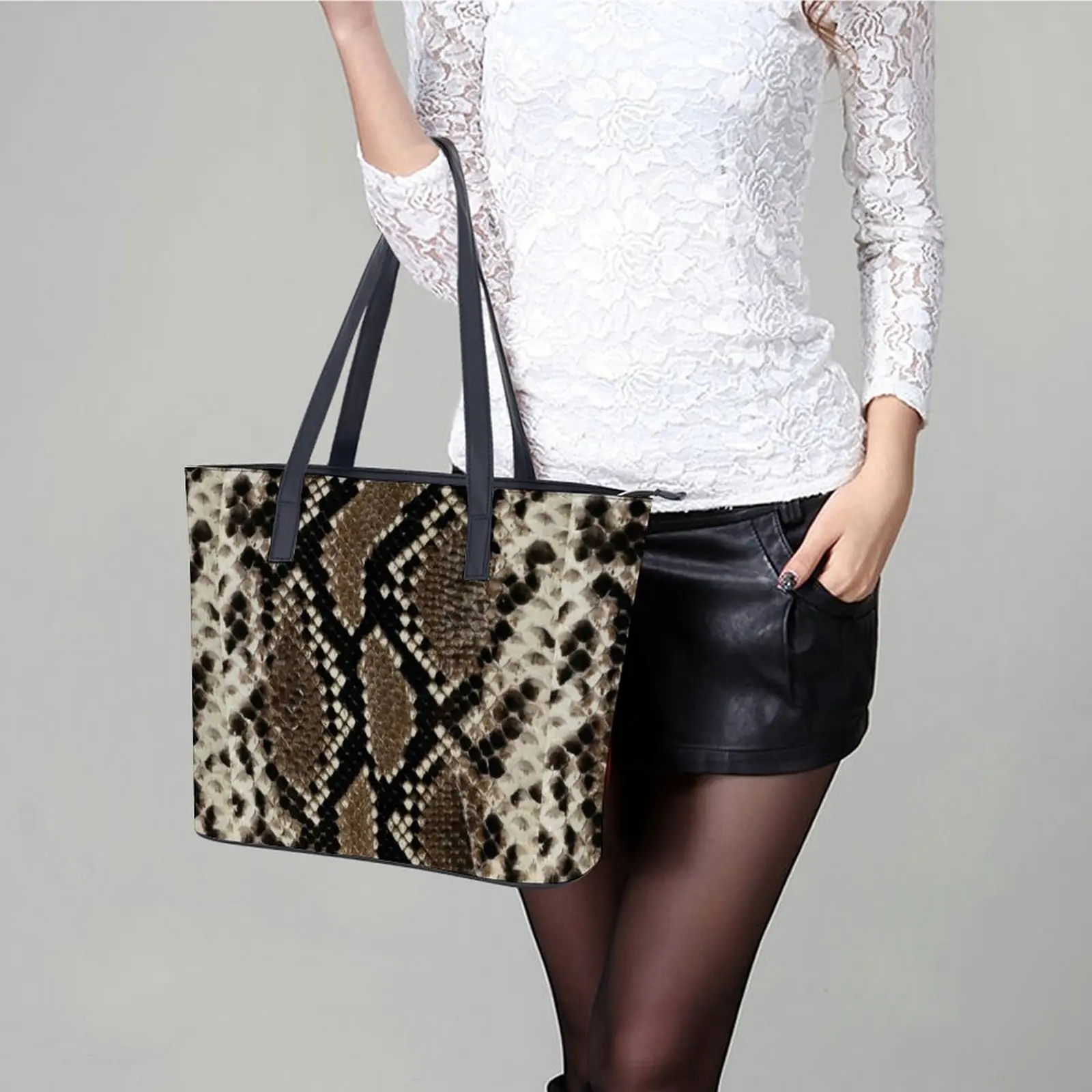 Python Snakeskin Handbags Faux Reticulated Animal Print PU Leather Shoulder Bag Grocery Design Tote Bag Elegant Shopper Bags