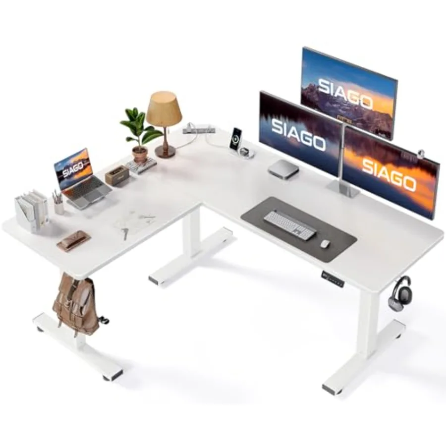 L-Shaped Standing Desk with Charging Station for Home Office, Steel Frame, Matte Black, Height-Adjustable and Cable Management