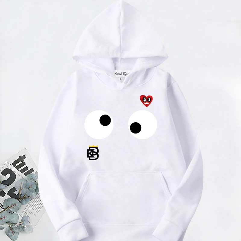

Funny Big Eyes Hip Hop Crown Print Women Hoodie Polyester Red Eyes Beard Heart Embroidery Pullover Pockets Thin Loose Lady Hoody