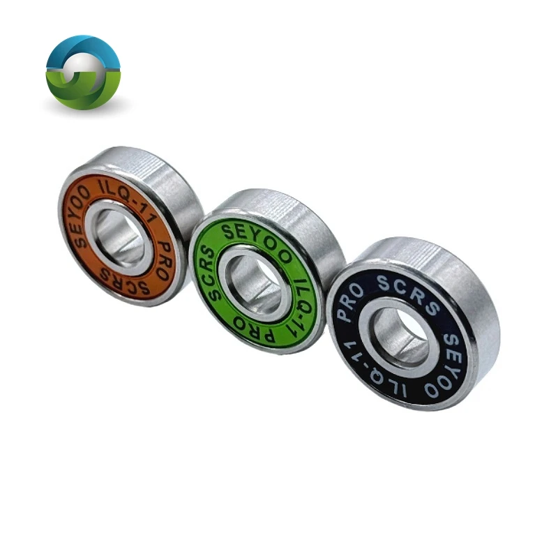 8Pcs 608RS ILQ-11 Skate Bearings (8x22x7) with green/orange/black seals for a smooth, fast ride on longboards, skates, and scoot