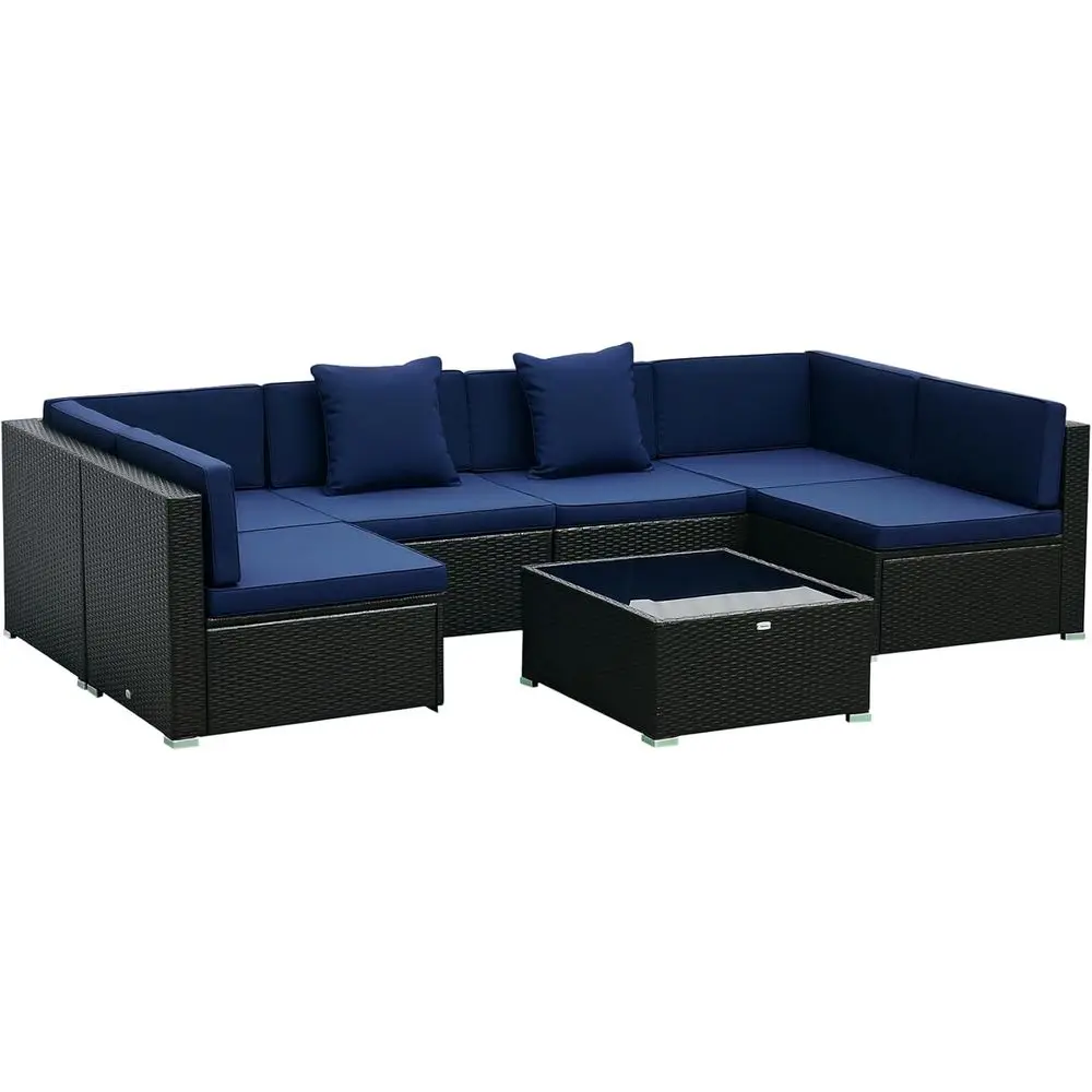 All-Weather Outdoor Wicker Sectional Sofa Set with Cushions and Tempered Glass Top in Navy Blue