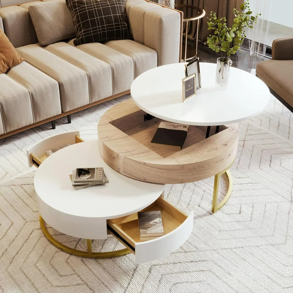 Modern Round Lift-top Nesting Coffee Tables with 2 Drawers for Living Room White & Natural