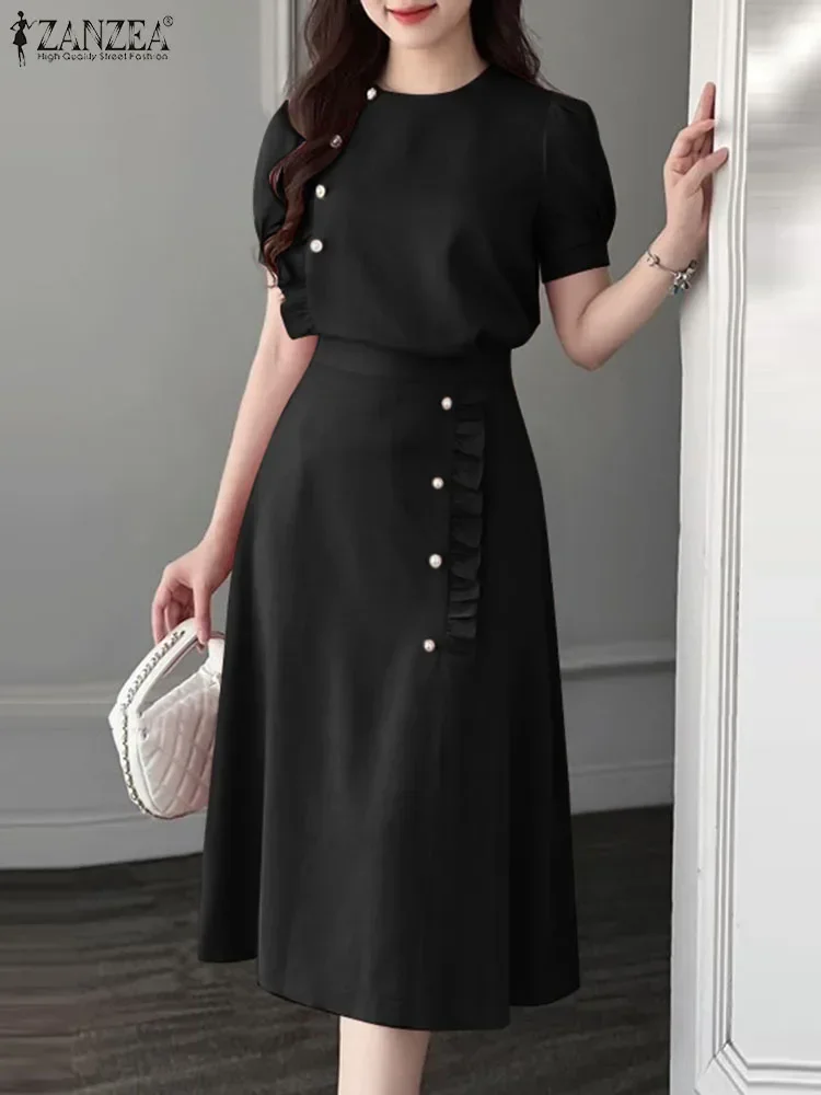 ZANZEA 2025 ฤดูร้อนผู้หญิง 2PCS ชุดพัฟแขนสั้น VINTAGE Ruffled ปุ่มชุดกระโปรงยาวอย่างเป็นทางการชุด