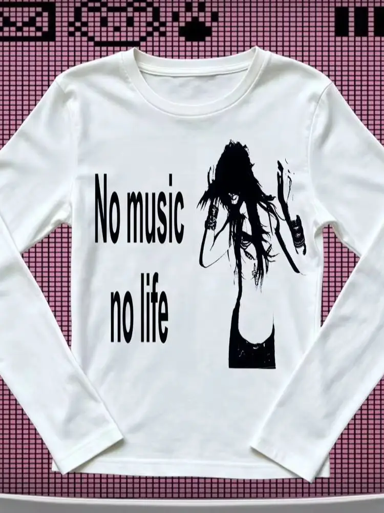 Punk Rock Zitat Grafik Langarm-T-Shirt No Music No Life Dark Grunge Music Lover Y2K Alt Damen Slim Fit Top – Detail 8