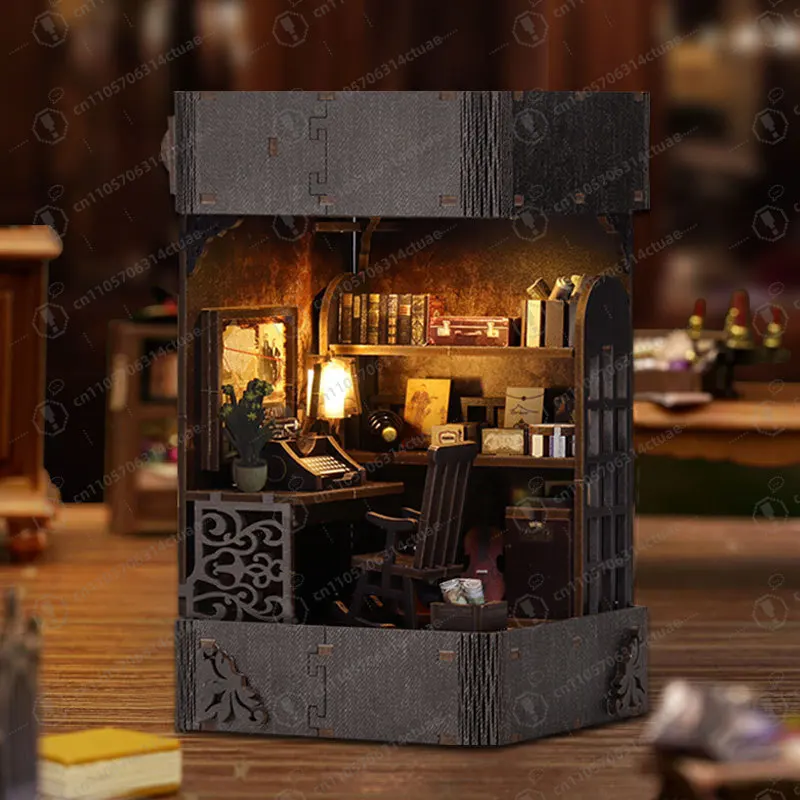 

3D Wooden Detective Agency Bookend with Induction Lamp, Hand-Assembled Creative Building Model Gift