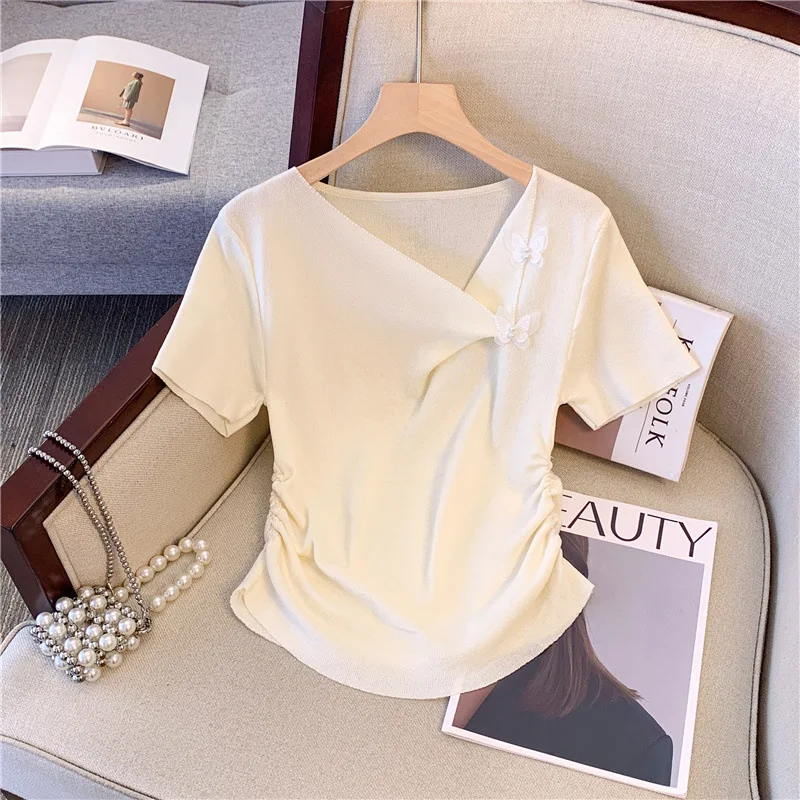 Top women's summer dress new pure desire wind small fragrance three-dimensional bow short design short sleeve shirt.